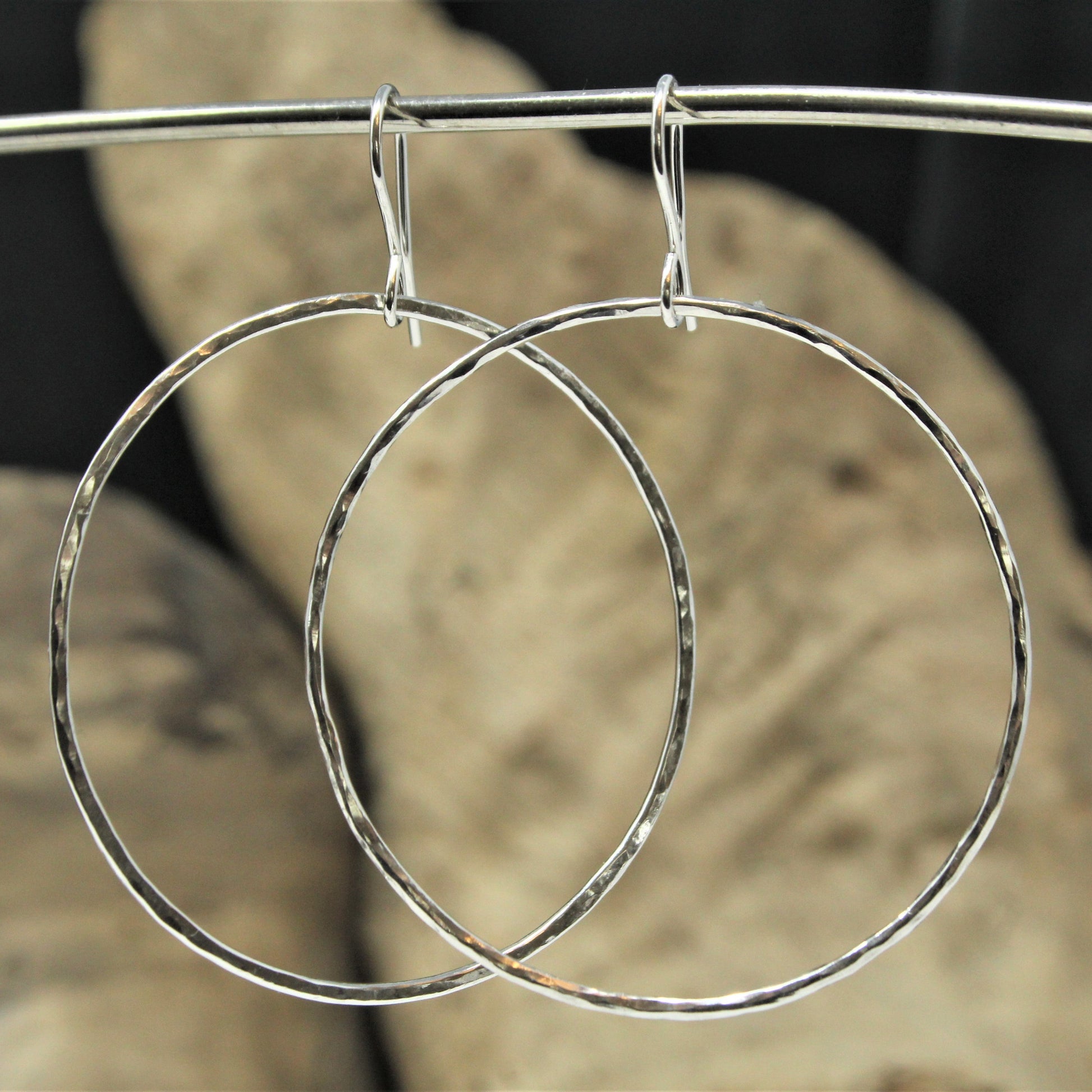 large sterling silver hammered dangle hoops