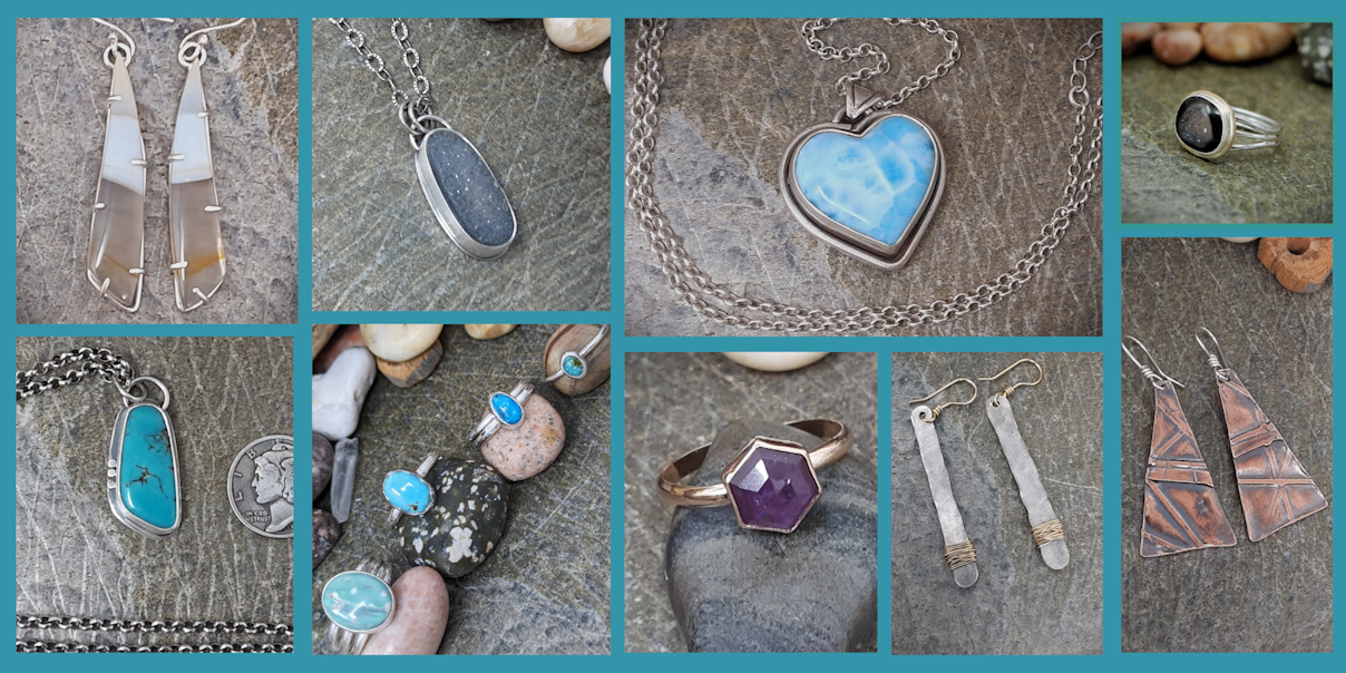 Agate drop earrings,druzy pendant, druzy ring turquoise pendant with dot detail hexagon ruby gold ring larimar heart sterling silver stick earrings with gold wrap and light patina fold form copper triangle earrings
