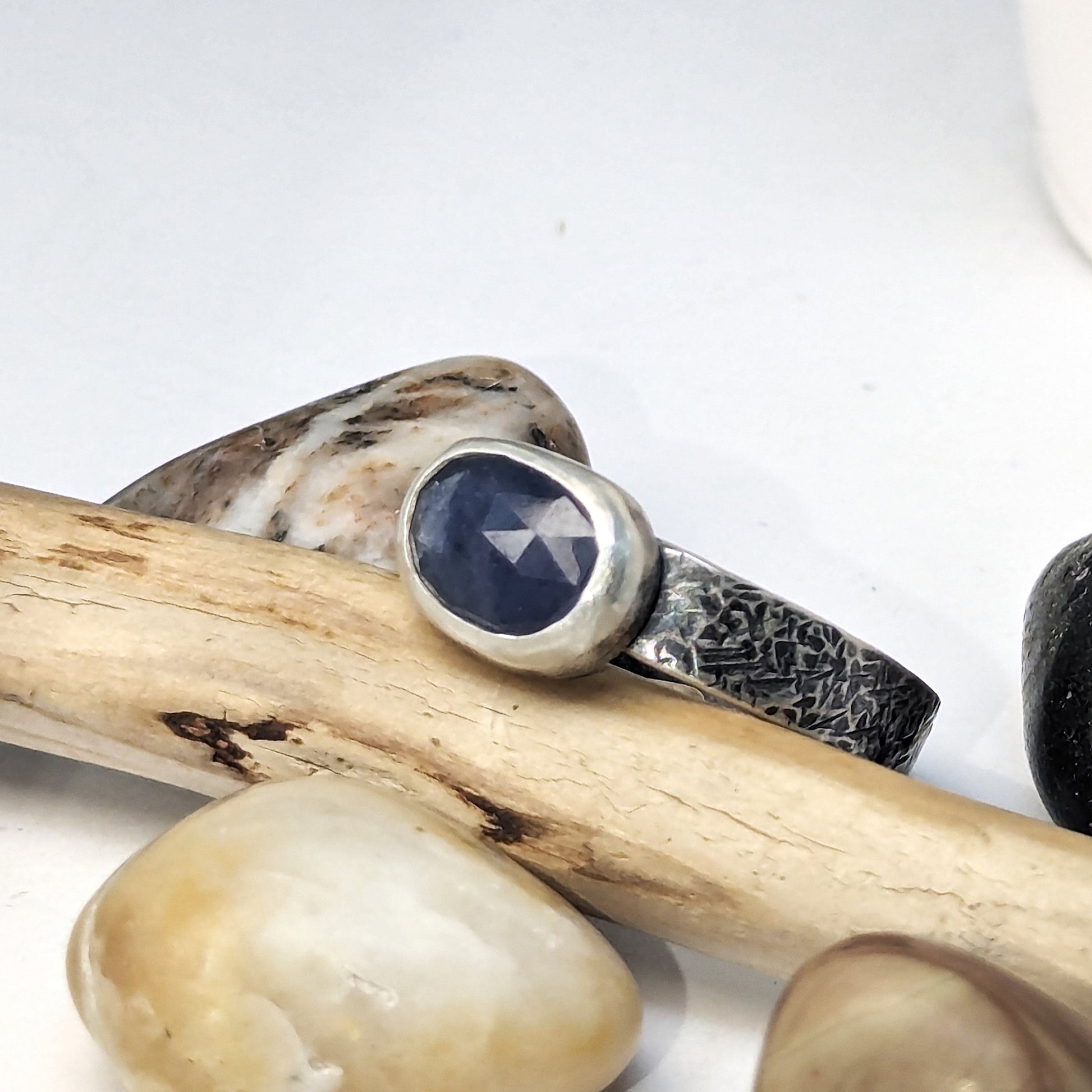 gray blue sapphire and sterling silver rustic rings