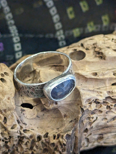 gray blue sapphire and sterling silver rustic rings size 6.25 