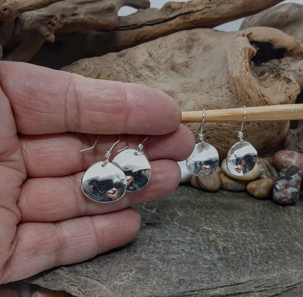 recycled silver discs with copper hearts