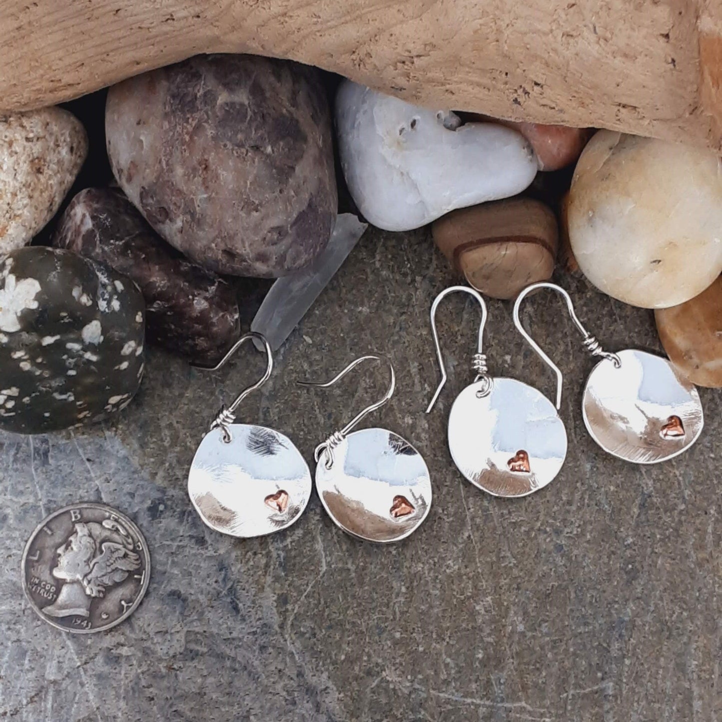 recycled silver discs with copper hearts