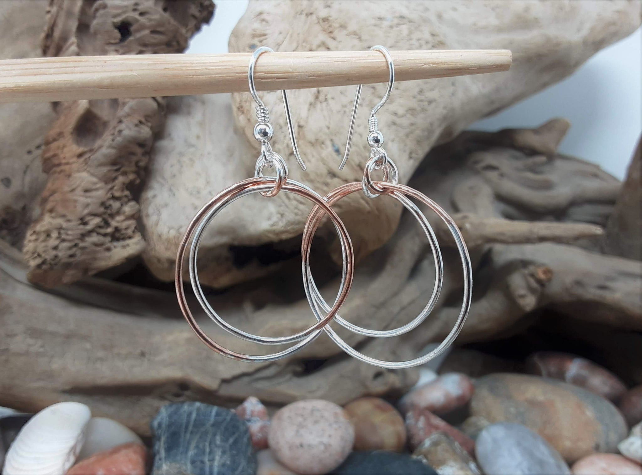 mixed metal double hoop dangle earrings